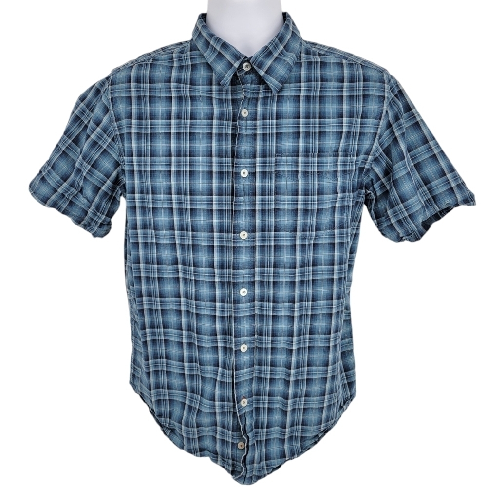 Levis‎ Mens Medium Blue Plaid Red Tab Button Up Short Sleeve 100% Cotton